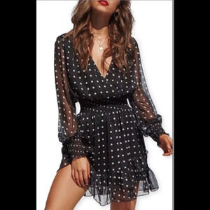 AOOKSMERY‎ Black Polka Dot Mesh Long Sleeve Dress